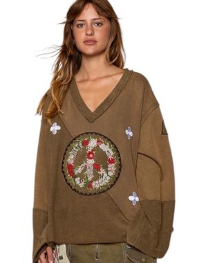 🆕 POL French Terry Pullover - Peace Sign Embroidery - Open Back - Deep Olive